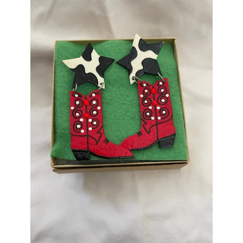 Boots n Stars Red Boots and Cow Stars Pierced Earrings - Picture 2 of 6